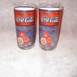 Vtg McDonald's Coca-Cola Coke Glasses 2X Lot Denim Bandana Floral LE Retro 70s